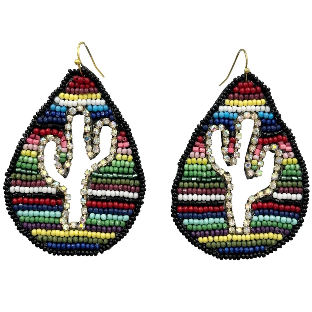 Cactus Cut Out Seed Bead Multicolor Teardrop Southwestern Dangle Earrings